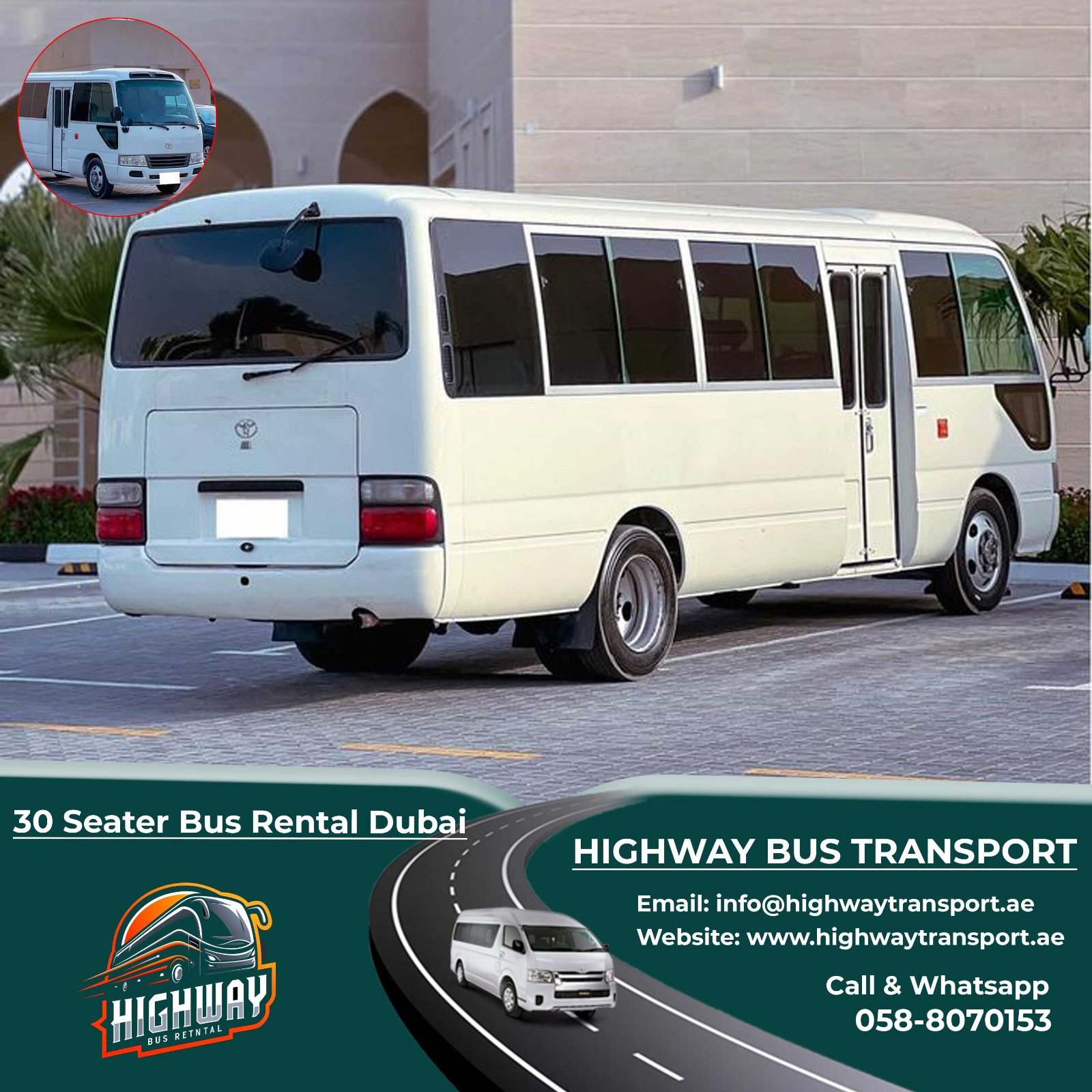 Image of a 30 seater bus available for rental in Dubai