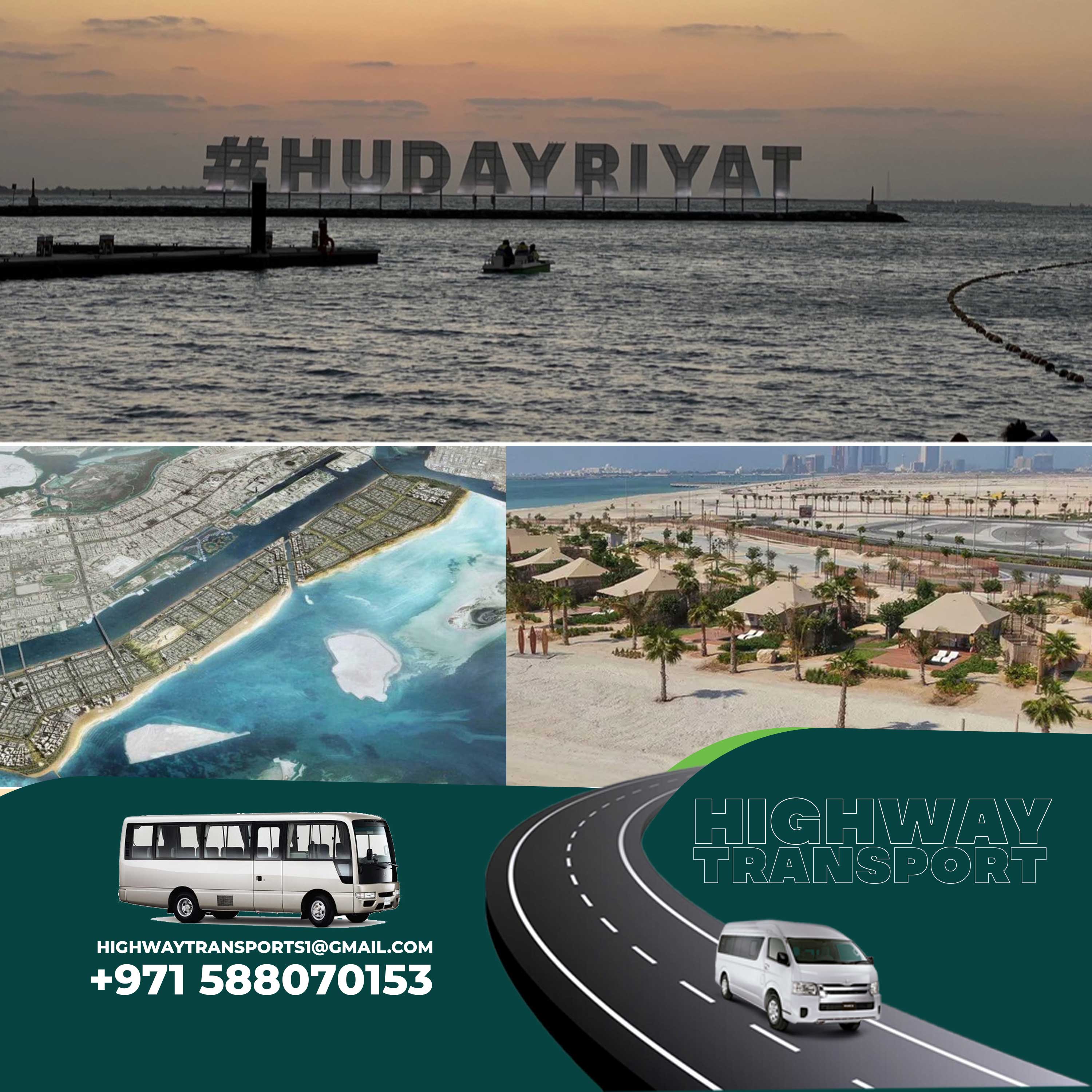 Scenic view of Al Hudayriat Island showcasing beautiful beaches, sports facilities, bike tracks, and dining options