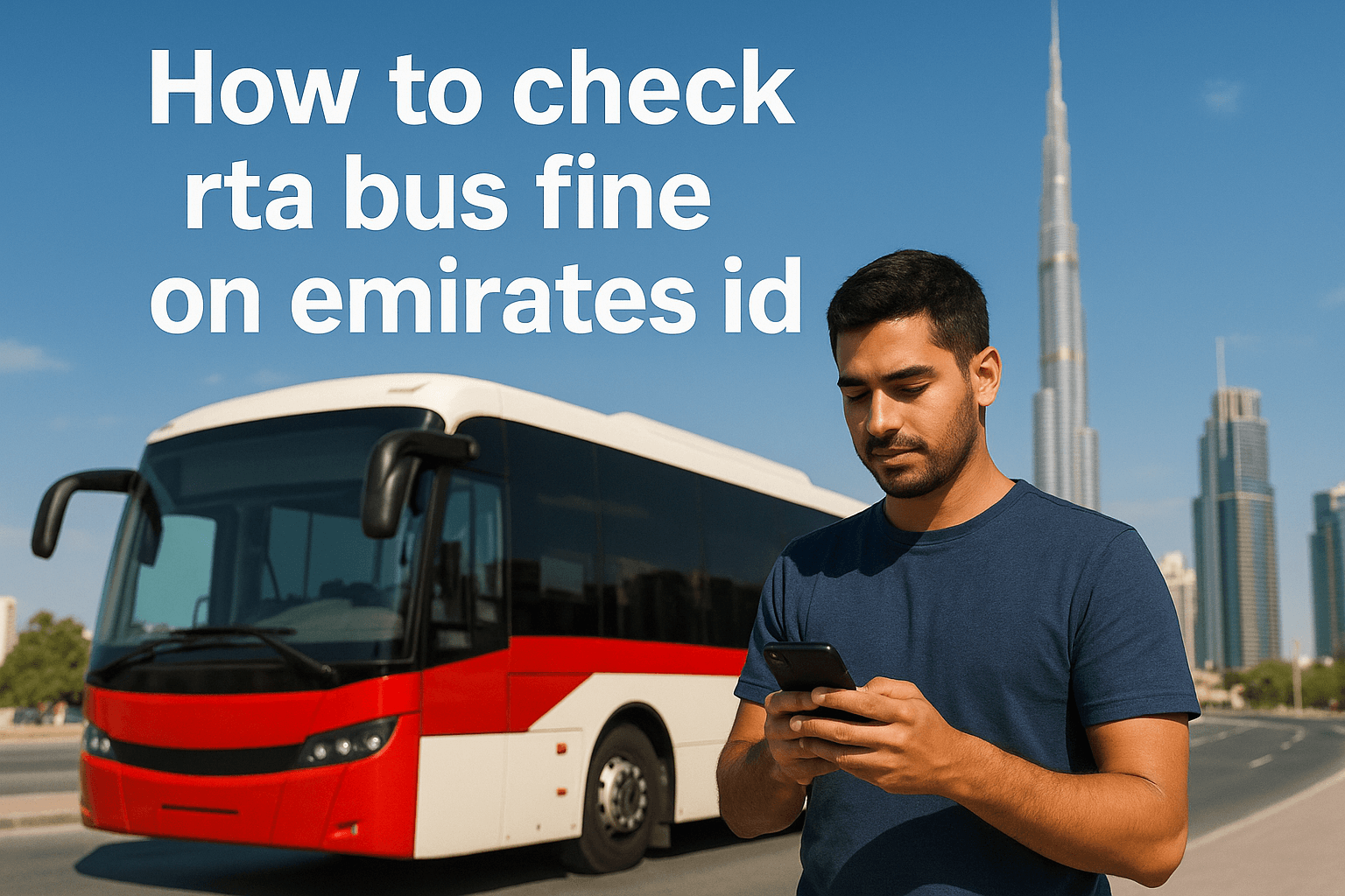 How to check rta bus fine on emirates id Screenshot of the RTA Dubai fines inquiry page on a computer screen, showing “Service Type” set to “Bus Fines,” “Inquiry By” set to “Emirates ID,” a text field prefilled with an Emirates ID number, and a blue “Submit” button, alongside an image of an Emirates ID card.